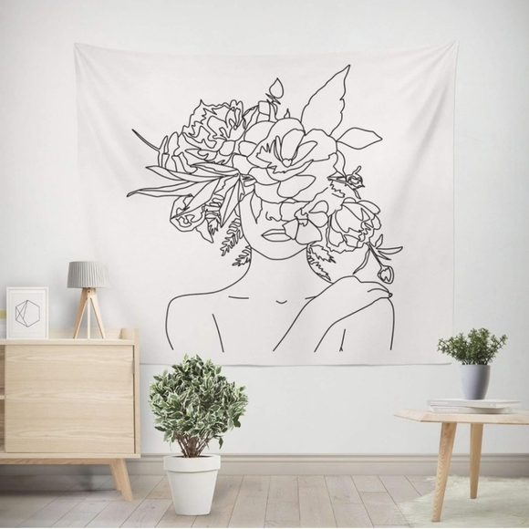 NWT Black & White Floral Woman Line Art Tapestry - Picture 2 of 7